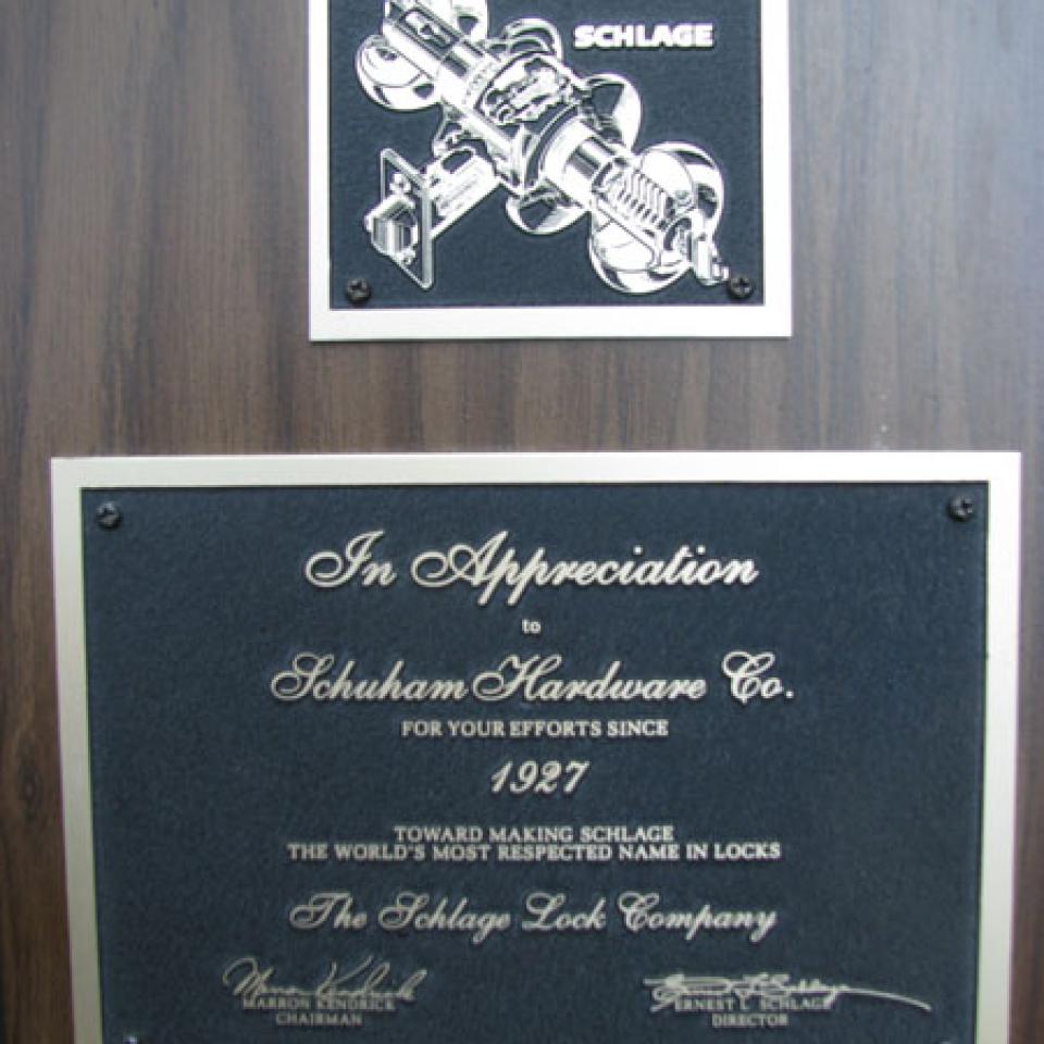 Award from Schlage Lock Company